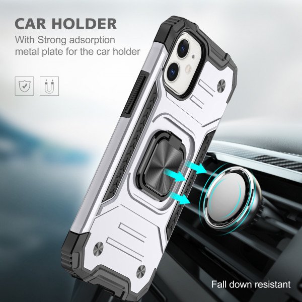Wholesale Cube Style Armor Case with Rotating Ring Holder, Kickstand and Magnetic Car Mount Plate for iPhone 12 Pro Max 6.7 (Silver)